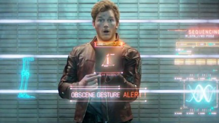 Chris Pratt as Peter Quill a.k.a. Star-Lord sticks up his middle finger in Marvel's Guardians of the Galaxy (image: Marvel Entertainment)