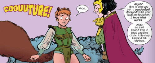 Loki says to Squirrel Girl, "This is why you get a genderfluid demigod to be your fashion designer."