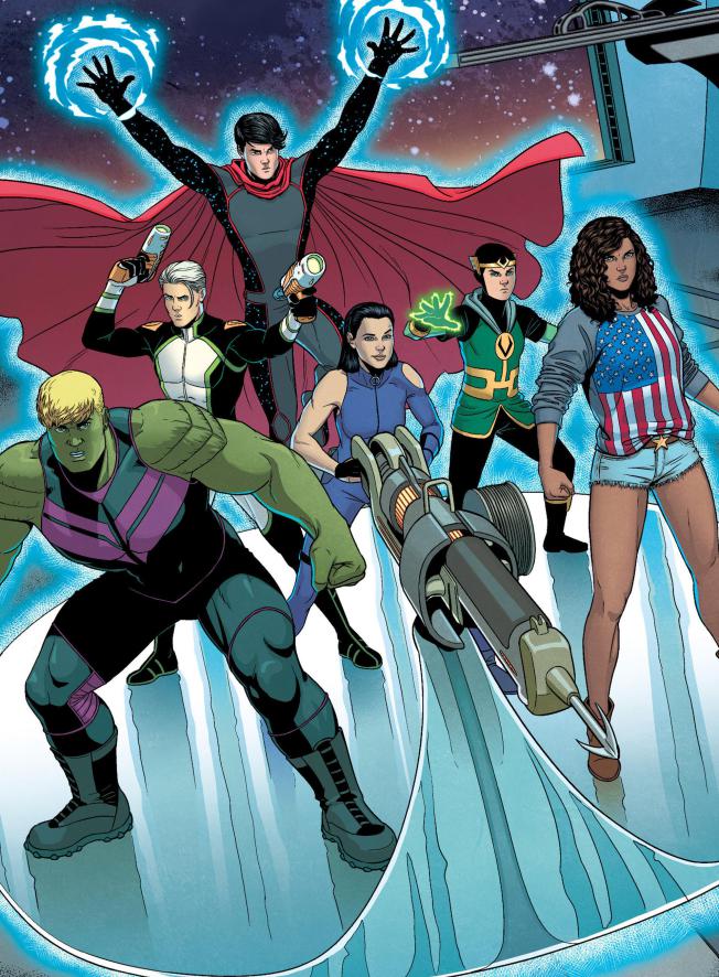 America Chavez, Kate Bishop, Hulkling, Noh-Varr, Kid Loki, and Wiccan pose in a panel from the Young Avengers.