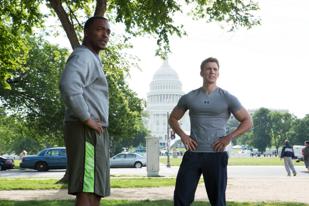 Anthony Mackie as Sam Wilson and Chris Evans as Captain America in Captain America: The Winter Soldier