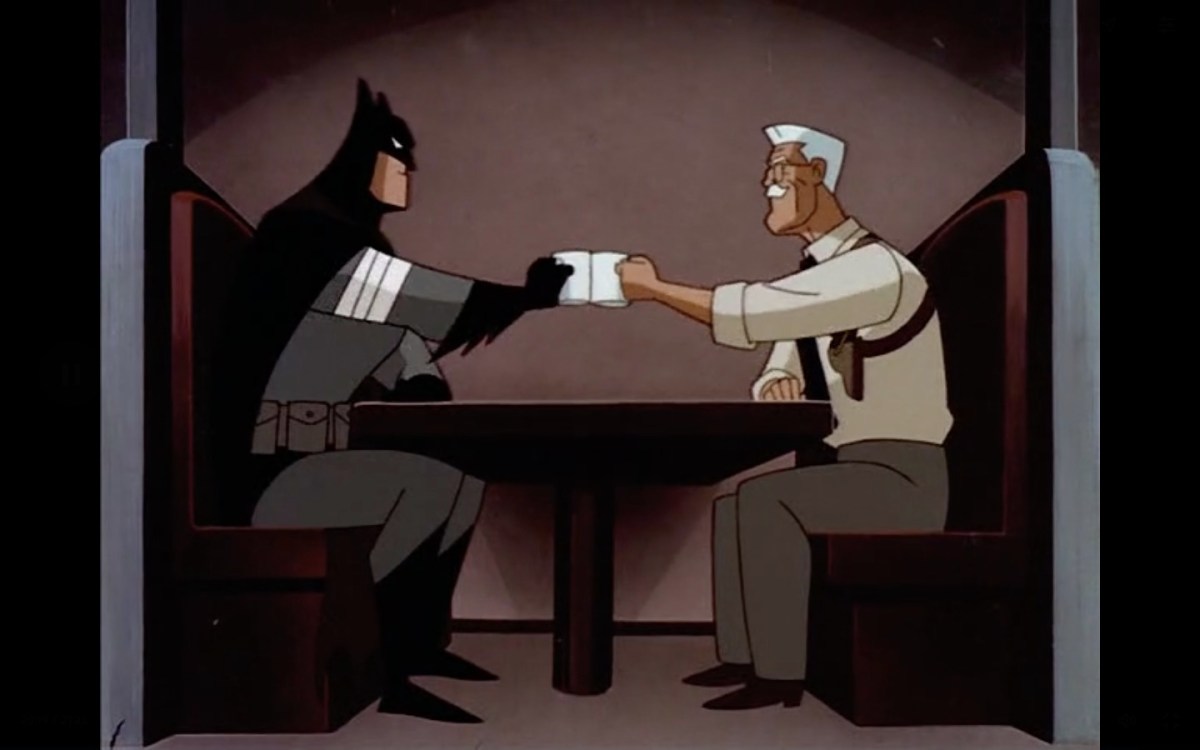 Batman and Commissioner Gordon clink coffee mugs