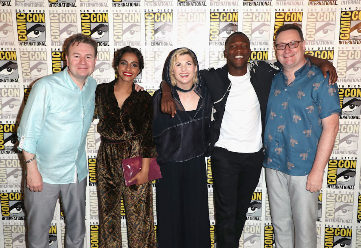 (L-R) Matt Strevens, Mandip Gill, Jodie Whittaker, Tosin Cole, and Chris Chibnall attend BBC America's "Doctor Who" at Comic-Con International 2018 at San Diego Convention Center on July 19, 2018 in San Diego, California. (Photo by Joe Scarnici/Getty Images for BBC America)