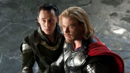 Thor (Chris Hemsworth) and Loki (Tom Hiddleston) face off against Frost Giants in Thor