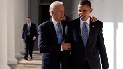 President Barack Obama and Vice President Joe Biden bro embrace