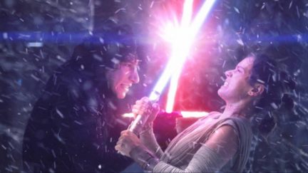 Star Wars: The Force Awakens sees Daisy Ridley's Rey locked in combat with Adam Driver's Kylo Ren