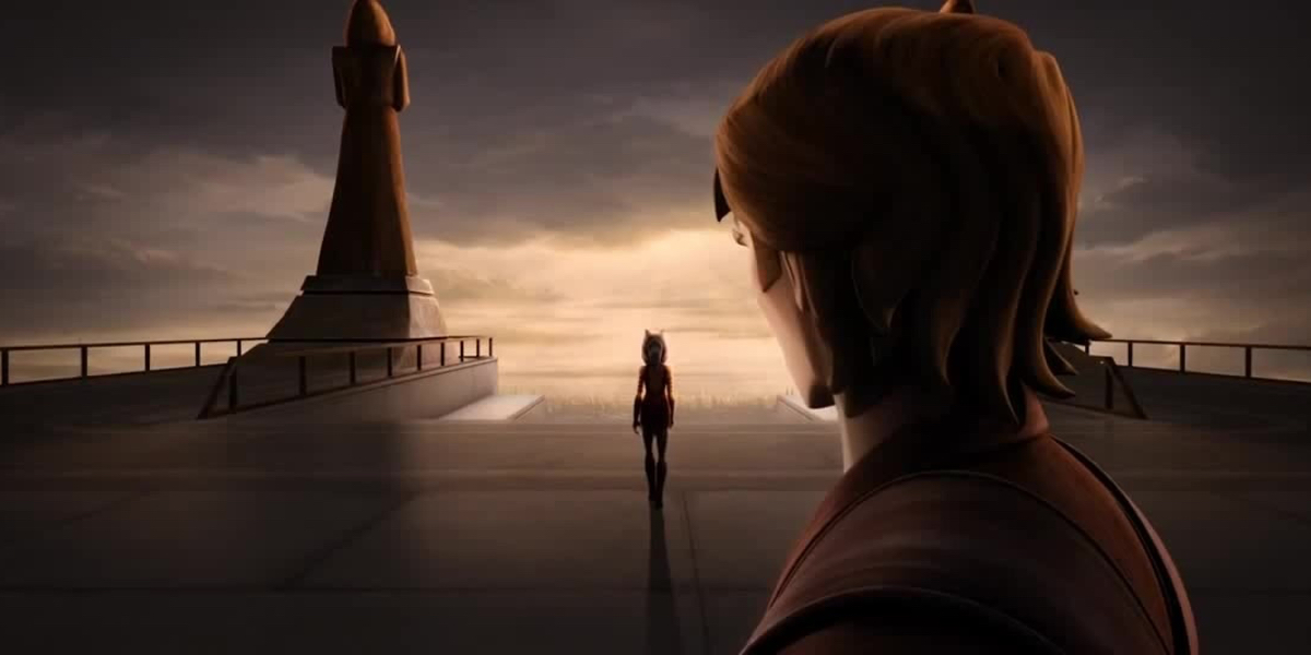 Anakin Skywalker watches his padawan Ahsoka Tano leave the Jedi Order in Star Wars: The Clone Wars