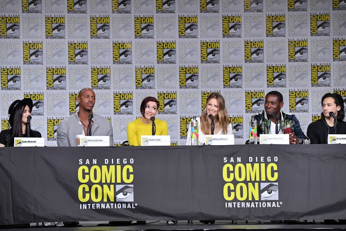 Katie McGrath, Mehcad Brooks, Chyler Leigh, Melissa Benoist, David Harewood, and Jesse Rath speak onstage at the "Supergirl" Special Video Presentation and Q&A during Comic-Con International 2018 at San Diego Convention Center on July 21, 2018 in San Diego, California. (Photo by Mike Coppola/Getty Images)