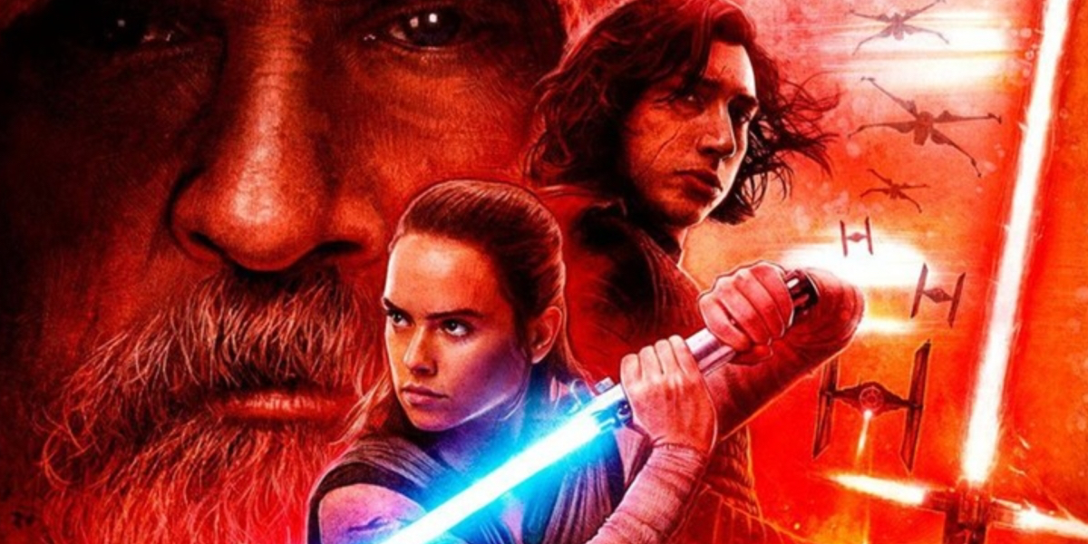 Star Wars: The Last Jedi poster features Rey, played by Daisy Ridley, and Kylo Ren, played by Adam Driver