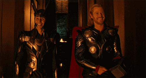 Thor (Chris Hemsworth) and Loki (Tom Hiddleston) share a rare happy moment in Marvel's Thor