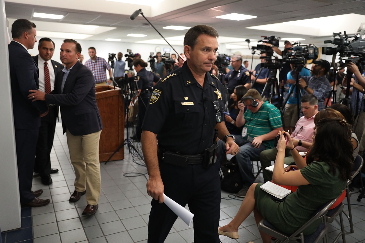 JACKSONVILLE, FL - AUGUST 27: Jacksonville Sheriff Mike Williams exits after speaking to the media about the shooting at GLHF Game Bar where 3 people including the gunman were killed at the Jacksonville Landing on August 27, 2018 in Jacksonville, Florida. The shooting occurred at the GLHF Game Bar during a Madden 19 video game tournament and 3 people were killed including the gunman and several others were wounded. (Photo by Joe Raedle/Getty Images)