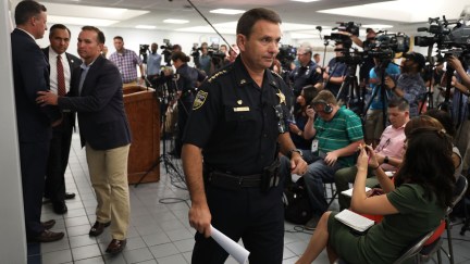 JACKSONVILLE, FL - AUGUST 27: Jacksonville Sheriff Mike Williams exits after speaking to the media about the shooting at GLHF Game Bar where 3 people including the gunman were killed at the Jacksonville Landing on August 27, 2018 in Jacksonville, Florida. The shooting occurred at the GLHF Game Bar during a Madden 19 video game tournament and 3 people were killed including the gunman and several others were wounded. (Photo by Joe Raedle/Getty Images)