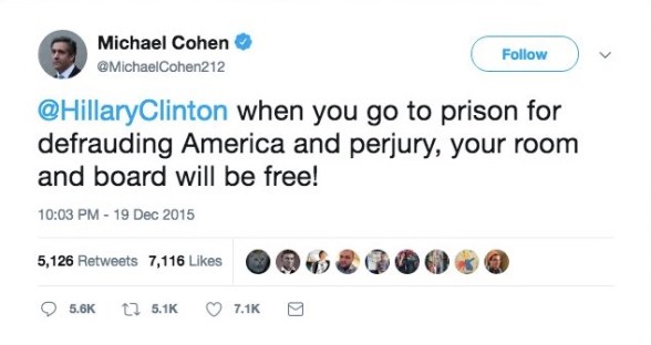 Michael Cohen deletes Tweet about Hillary