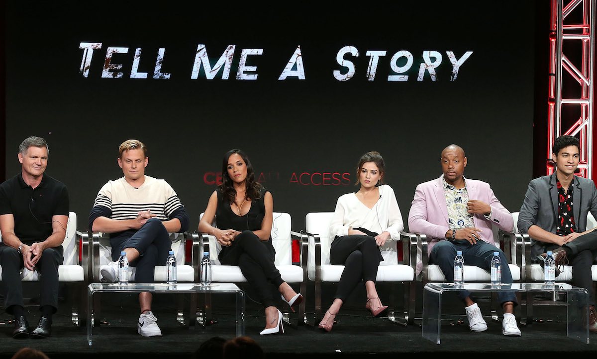BEVERLY HILLS, CA - AUGUST 05: (L-R) Executive Producer Kevin Williamson, actor Billy Magnussen, actress Dania Ramirez, actress Daniel Campbell, actor Dorian Missick, and actor Davi Santos of the television show "Tell Me a Story" speak during the CBS segment of the Summer 2018 Summer Television Critics Association Press Tour at Beverly Hilton Hotel on August 5, 2018 in Beverly Hills, California.