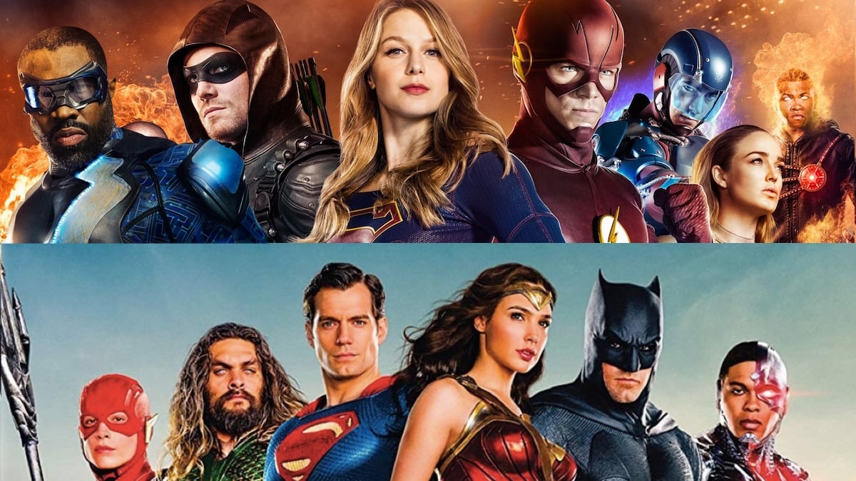 supergirl, flash, green arrow, black lightning vs. Superman, Wonder Woman, Batman, Aquaman, Cyborg, and The Flash in cast photos