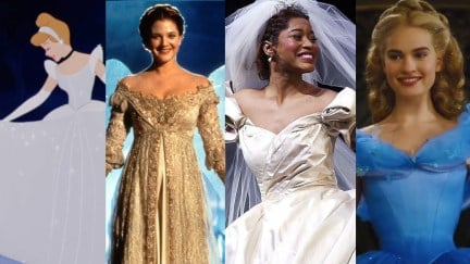 four versions of Cinderella: Disney animated, Ever After, Broadway, Disney Live Action