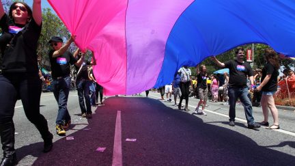 WEST HOLLYWOOD, CA - JUNE 09: People marching with anBi, a bisexual organization, carry a bisexual flag in the 43rd L.A. Pride Parade on June 9, 2013 in West Hollywood, California. More than 400,000 people are expected to attend the parade in support of lesbian, gay, bisexual and transgender communities. (Photo by David McNew/Getty Images)