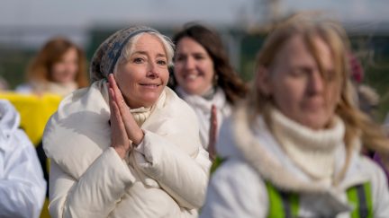 British actress Emma Thompson takes part in a protest march at the Preston New Road drill site