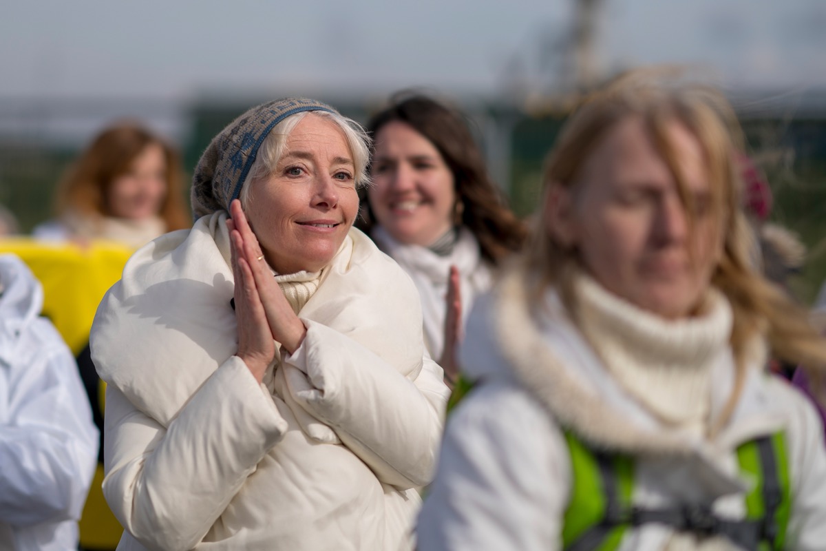 British actress Emma Thompson takes part in a protest march at the Preston New Road drill site