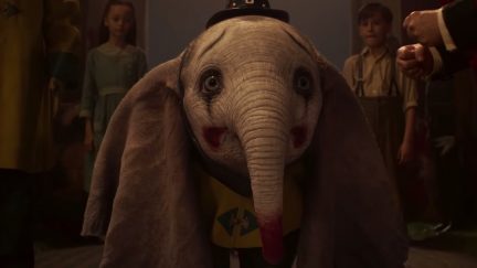 Dumbo's face painted like a clown in Tim Burton's Dumbo.