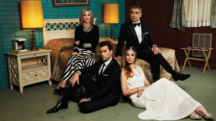 catherine o'hara, dan levy, eugene levy, annie murphy in Schitt's Creek promo image.