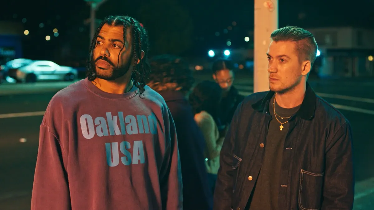 Daveed Diggs and Rafael Casal standing together in Blindspotting trailer still