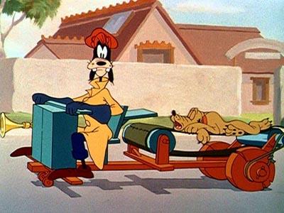 Disney's goofy rides a car powered by Mickey's dog, Pluto