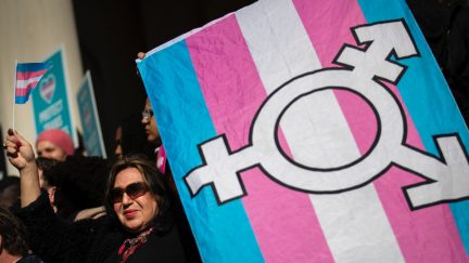 Protestor carries a transgender flag.