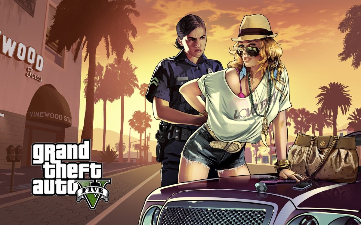 Grand Theft Auto V promo image, with a woman getting arrrested.