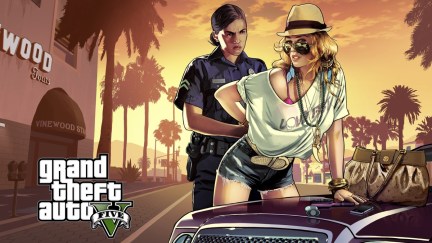 Grand Theft Auto V promo image, with a woman getting arrrested.