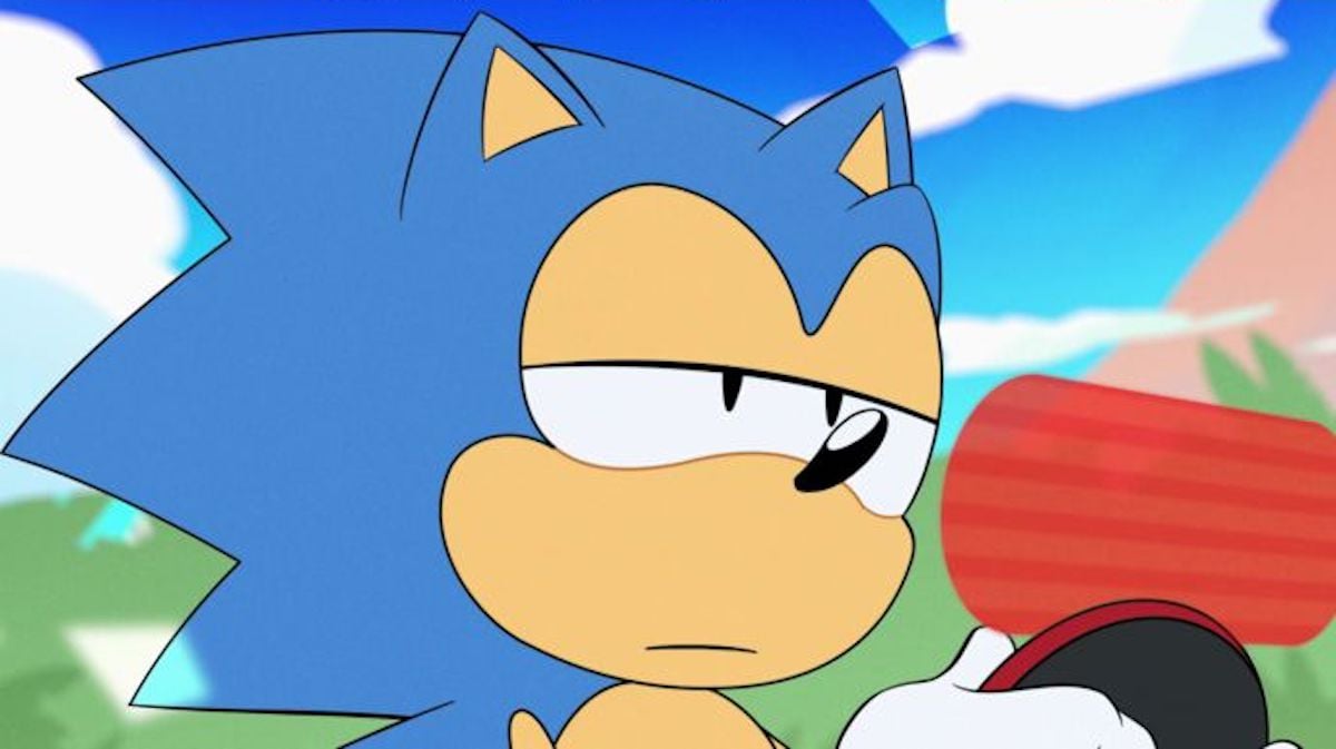 Sonic the Hedgehog looks at a message on an electronic device and seems disappointed.