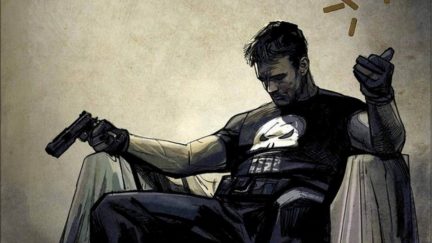 Comic panel of the Punisher sitting in a chair, holding a gun, looking sad.