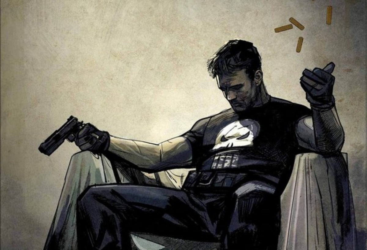 Comic panel of the Punisher sitting in a chair, holding a gun, looking sad.