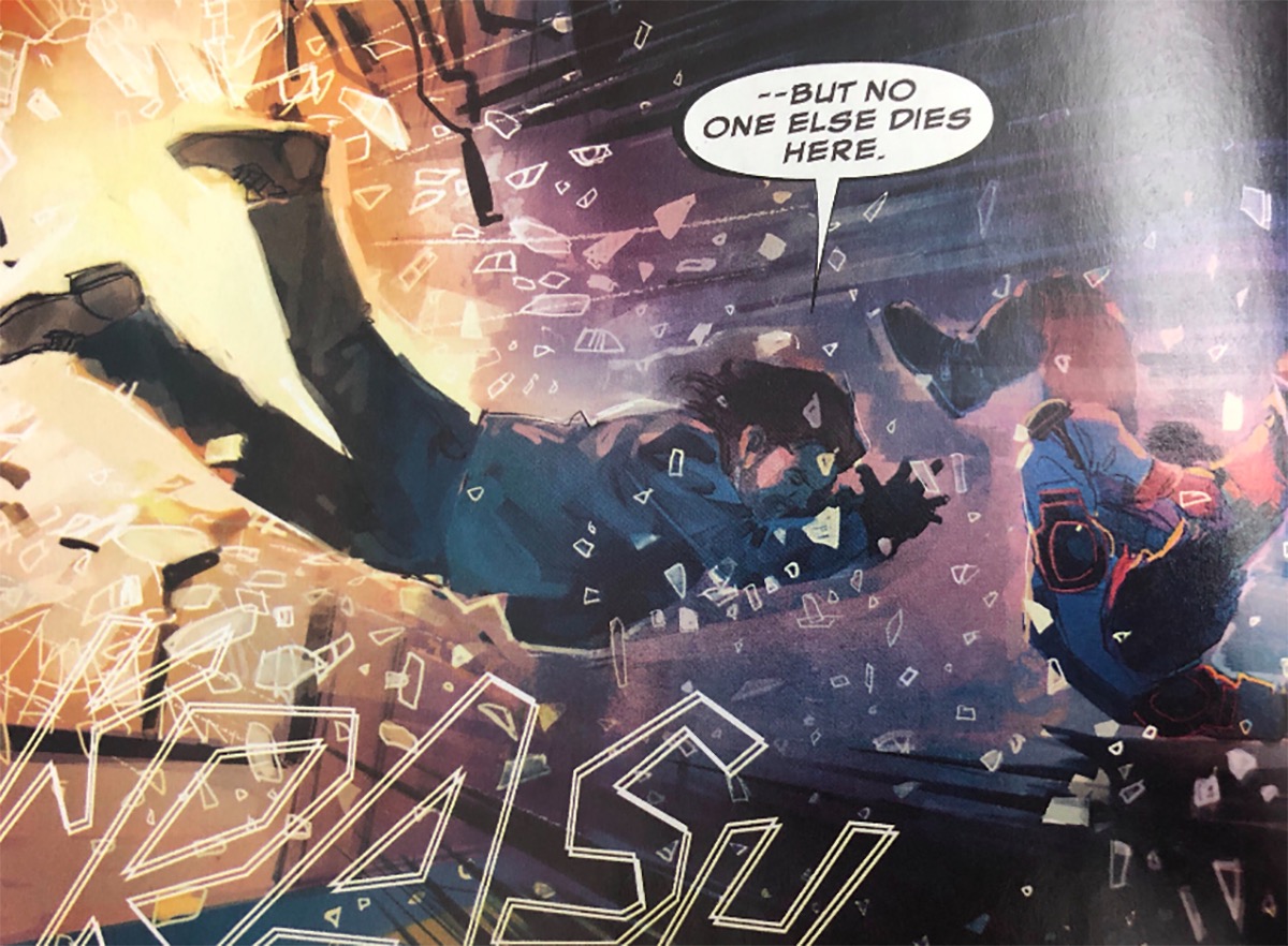 bucky barnes crashing through glass in marvel's winter soldier comic issue 2