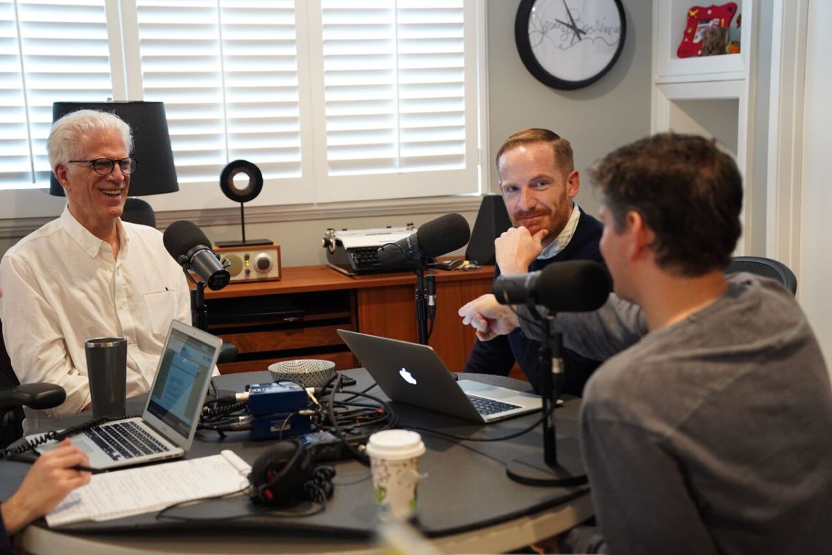 Ted Danson, Marc Evan Jackson, and Mike Schur recording The Good Place Podcast.