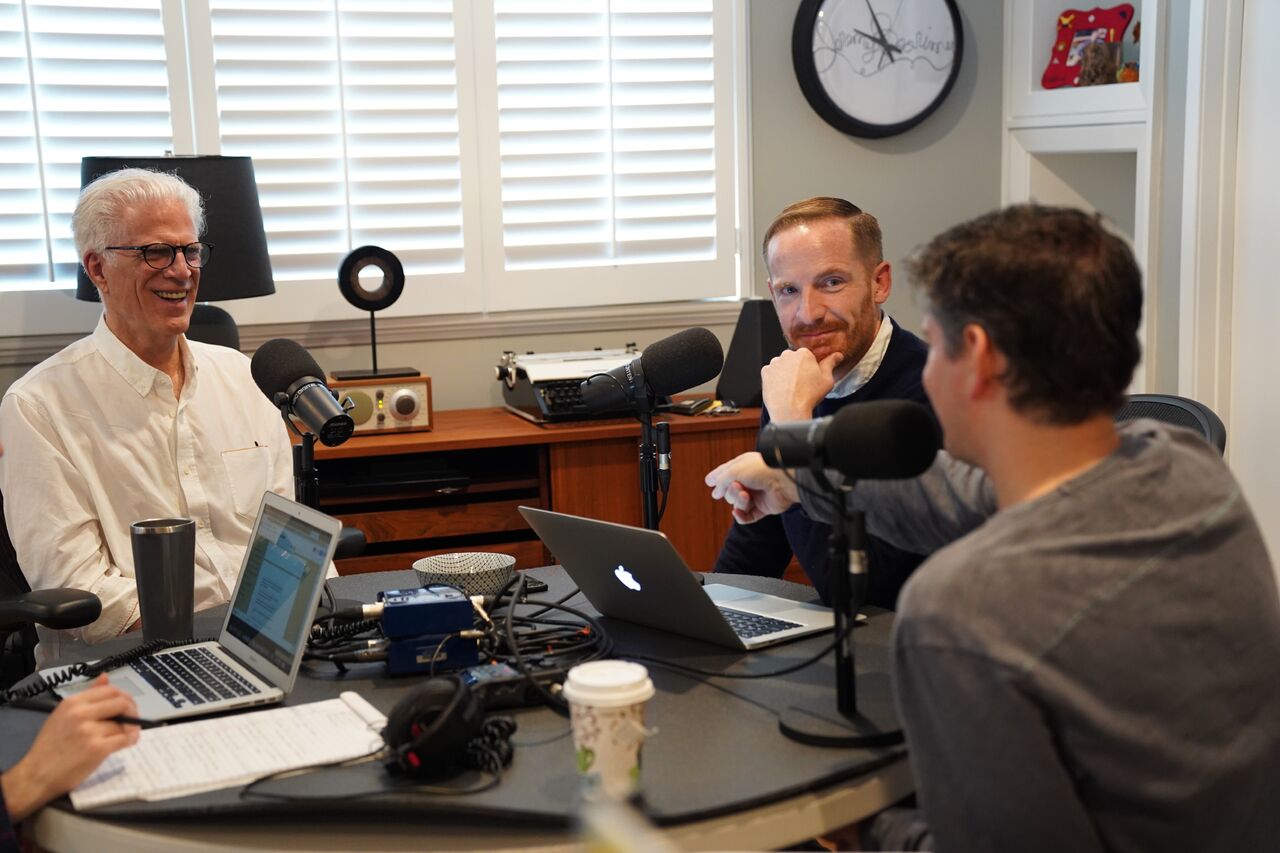 Ted Danson, Marc Evan Jackson, and Mike Schur recording The Good Place Podcast.