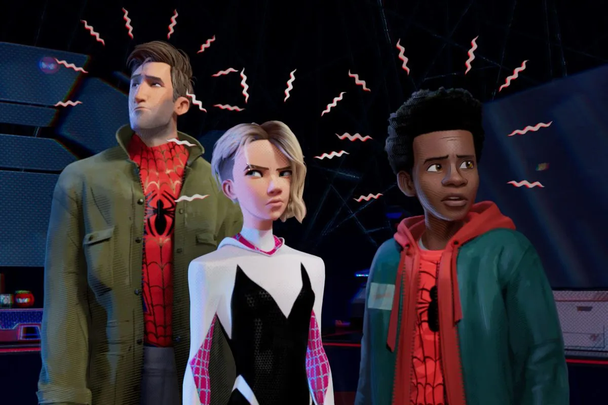 An animated trio of an older white man, Black boy, and young white girl stand curiously with electric rays around them in "Spider-Man: Into the Spider-verse"