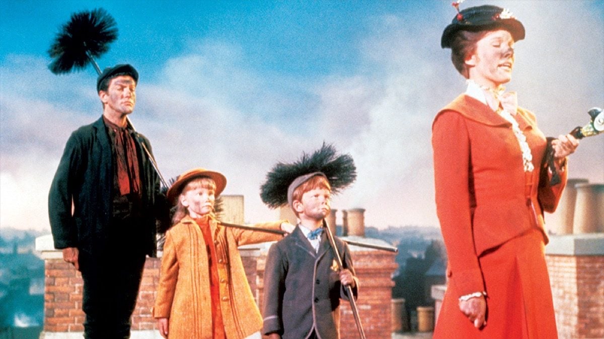 Mary Poppins, Bert, and the Banks children in Disney's Mary Poppins.