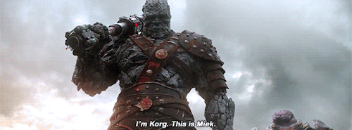 Korg and Miek introduce themselves in Thor: Ragnarok.