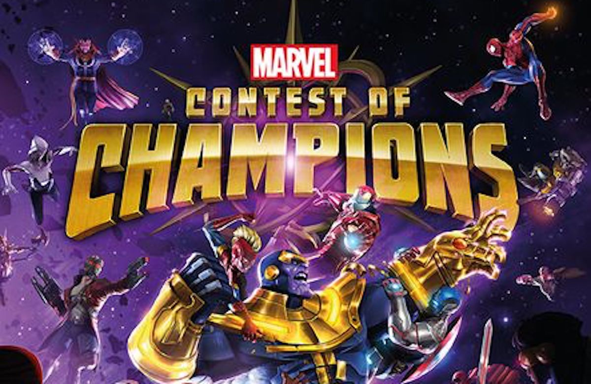 Book cover for Marvel's Contest of Champions: Art of the Battlrealm featuring Thanos and Marvel heroes.