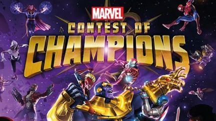 Book cover for Marvel's Contest of Champions: Art of the Battlrealm featuring Thanos and Marvel heroes.