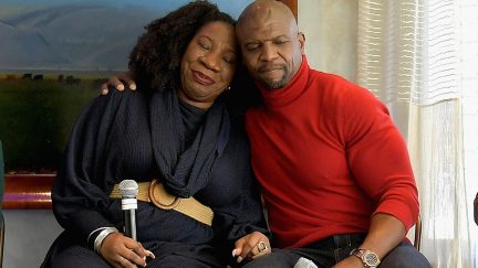 Terry Crews and Tarana Burke embrace at the Me Too panel at Sundance