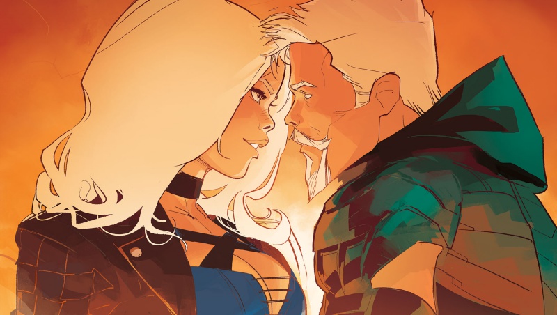 Dinah Lance/Oliver Queen cover art with them together, gazing into each other's eyes in a sunset background