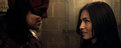 Elektra and Matt smiling at each other in the show Daredevil