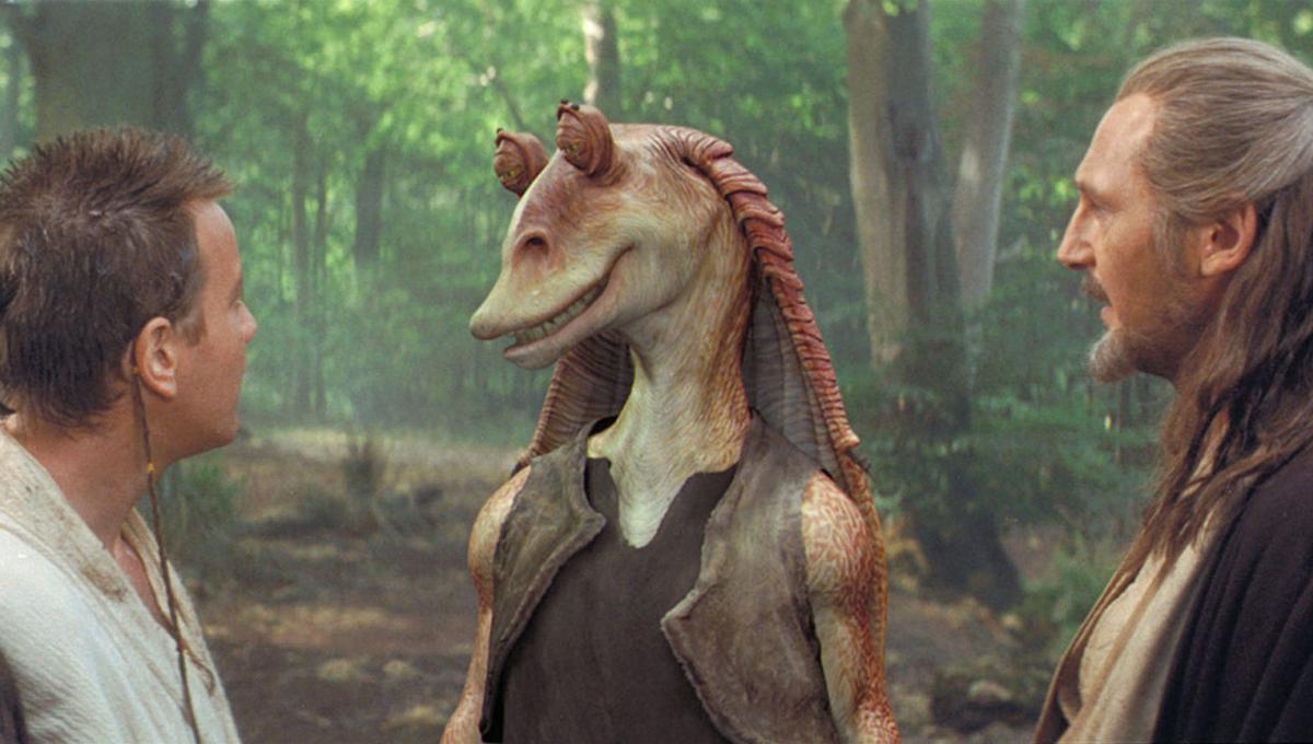 Jar Jar Binks, with Obi Wan Kenobi and Qui-Gon Jinn in Star Wars: Episode I – The Phantom Menace