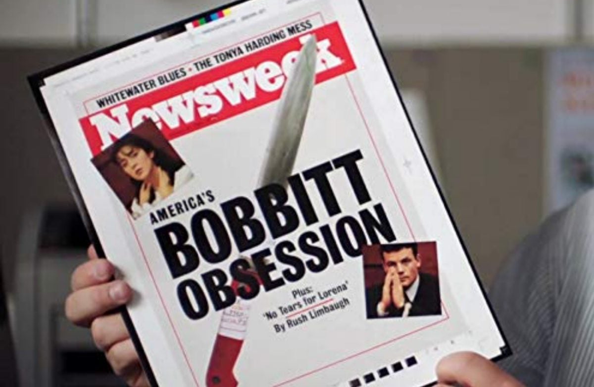 Still from the Lorena documentary from Amazon, which shows a man holding an unpublished Newsweek titled "The Bobbit Obsession."