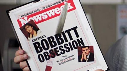 Still from the Lorena documentary from Amazon, which shows a man holding an unpublished Newsweek titled 