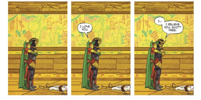 Mister Miracle and Big Barda together hugging each other over the course of three panels.