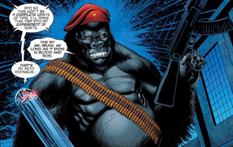 Monsieur Mallah and Brain together with monsieur wallah holding a machine gun and his brain love