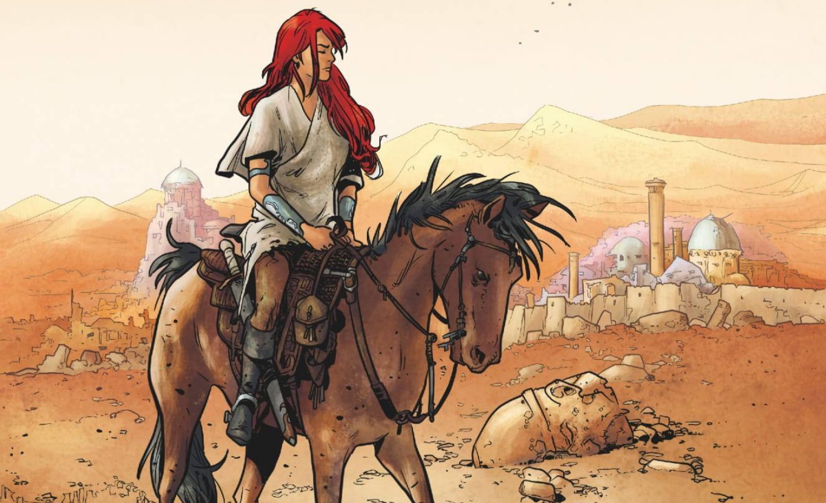 Red Sonja internal panel of the titular red-haired beauty on a horse of equal beauty.