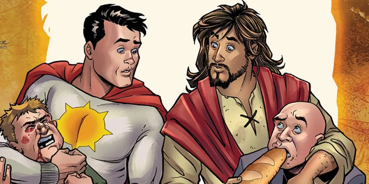 Sun-Man and Jesus on the cover of DC's Second Coming #1 drawn by Amanda Conner.